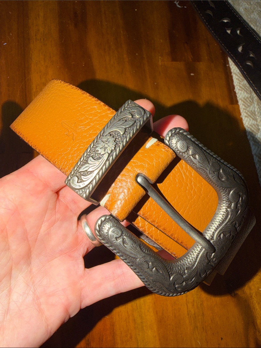 Frye Tan Leather Belt with Ornate Silver Buckle